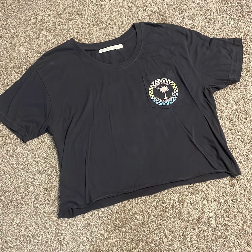 Quiet Storm crop top with pastel logo, size large